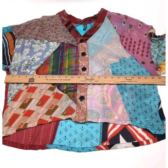 Sacred Threads Sheer Shirt Womens M Patchwork Artsy Boho Button Front Rayon Top - Picture 8 of 11
